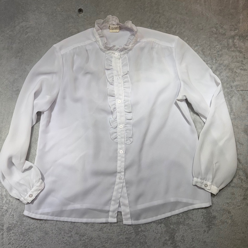 Vintage‎ White Ruffle Front Blouse Sheer Victorian High Neck Long Sleeve Top 40